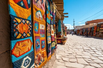 Fototapeta premium Colorful Textiles and Crafts Market in a Historic Town under Blue Sky