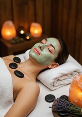 Relaxed Woman Enjoying Spa Treatment with Green Clay Face Mask and Hot Stones in her body