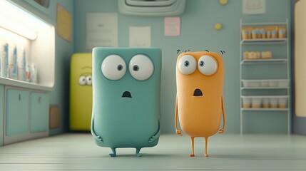 Two cute cartoon characters, teal and orange, express surprise in a minimalist room setting.