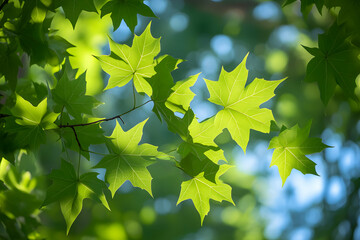 Vibrant green maple leaves backlit by sunlight, showcasing intricate leaf veins and a bokeh background. Perfect for nature, spring, or environmental themes.