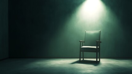 Chair in dimly lit room, illuminated by single spotlight