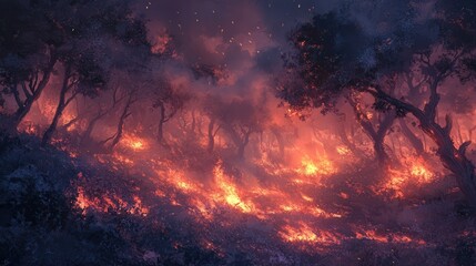 forest fire spreading through underbrush, with small fires beginning to join together, fueled by a strong gust of wind