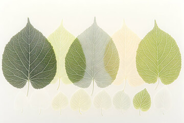 Stunning arrangement of delicate, pressed leaves in varying shades of green and yellow, showcasing intricate leaf veins against a white background.  Perfect for nature, botany, or design projects.