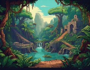 Naklejka premium Ancient stone pathways wind through a lush jungle paradise leading to a hidden waterfall and temple ruins