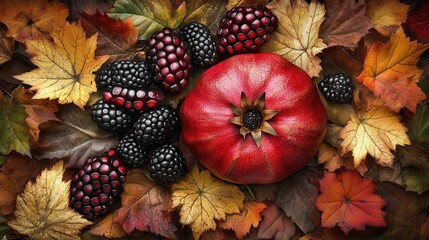 A vibrant red tomato rests atop a lush pile of green leaves, surrounded by plump, dark blackberries that add a pop of color, creating a fresh and inviting natural scene.