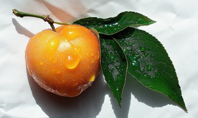 Fresh Apricot with Water Droplets and Green Leaves on Light Background