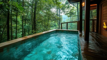 Tranquil Outdoor Pool Surrounded by Lush Green Forest and Serene Nature