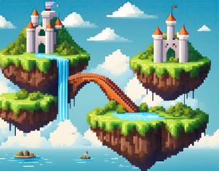 Pixel art  Two majestic castles stand on floating islands connected by a charming wooden bridge a waterfall cascading between them