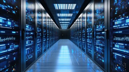 Futuristic Data Center Interior with Rows of Servers and Bright Blue Lighting Effects