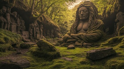 Serene Forest Scene with Majestic Stone Statue Surrounded by Lush Greenery