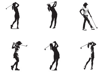 people playing golf in various poses isolated vector silhouette on white background	