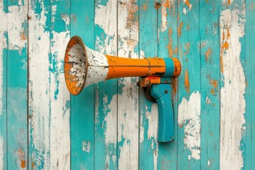 Vintage Megaphone Against Weathered Teal and White Rustic Wooden Background