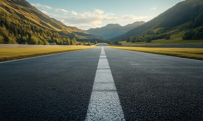 Serene Mountain Landscape with Open Road Leading into Lush Green Wilderness