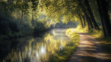 Obraz premium peaceful trail that follows the contour of a slow-moving river, with gentle ripples and soft reflections
