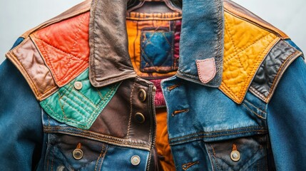 Vintage Denim Jacket with Colorful Patchwork Design and Unique Texture Detail