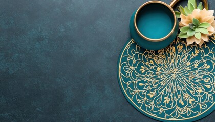 Elegant teal tabletop arrangement with decorative cup and floral accents