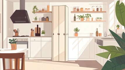 yet modern kitchen with white counters and a folding screen near a white wall. T