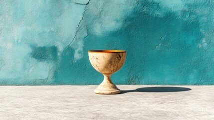 Vintage Marble Bowl on Concrete Floor Against a Textured Blue Background
