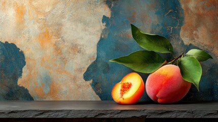 Fresh Peach and Sliced Fruit on Dark Slate Against Abstract Backdrop