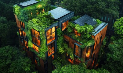 Eco-Friendly Urban Building Surrounded by Lush Green Vegetation and Solar Panels