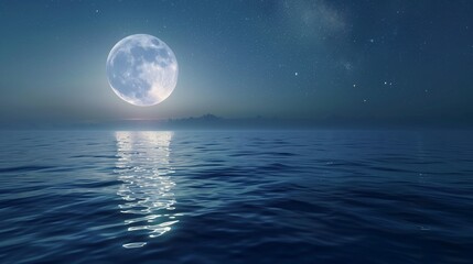 The moon rising over a tranquil ocean, reflecting softly on the water's surface, while stars fill the sky in the background, creating a peaceful, serene atmosphere.