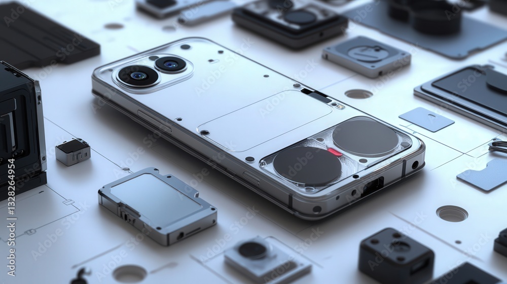 Poster modular smartphone system where the user can easily swap out components like camera lenses or batter