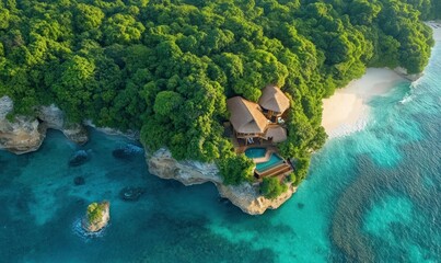 Aerial View of Tropical Island Resort Surrounded by Lush Green Forest and Ocean
