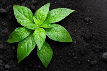Fresh Green Basil Plant with Dew Drops on Dark Soil Surface Close Up