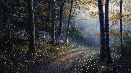 Fototapeta premium forest path at dawn, with delicate dew drops glistening on spiderwebs between the trees