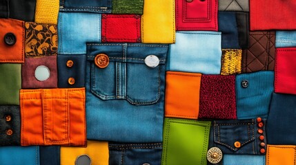 Colorful Patchwork of Fabric Pieces with Various Textures and Shades