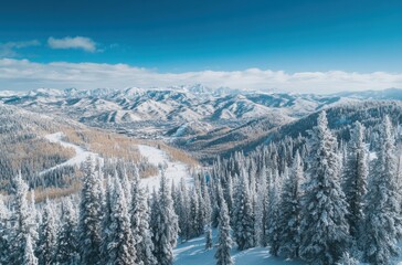 Majestic Winter Landscape with Snow-Covered Mountains, Evergreen Trees, and Clear Blue Skies in a Serene and Tranquil Atmosphere of Nature's Beauty