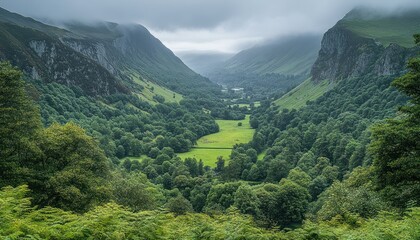 Majestic Green Valley Surrounded by Mountains Under a Cloudy Sky in Nature