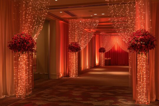 Romantic wedding aisle with red flowers and warm lighting. Perfect for wedding, event, or romance themes.