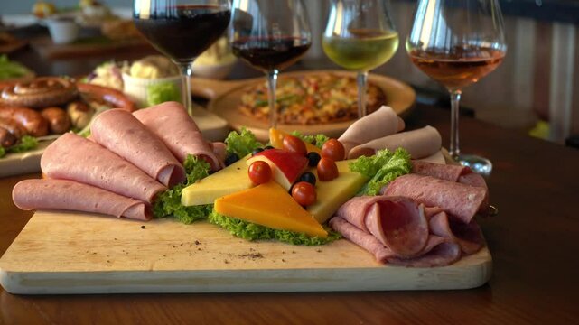 Various ham, cheese and wine 
