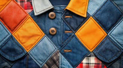 Colorful Patchwork Denim Jacket with Unique Stitching and Button Details