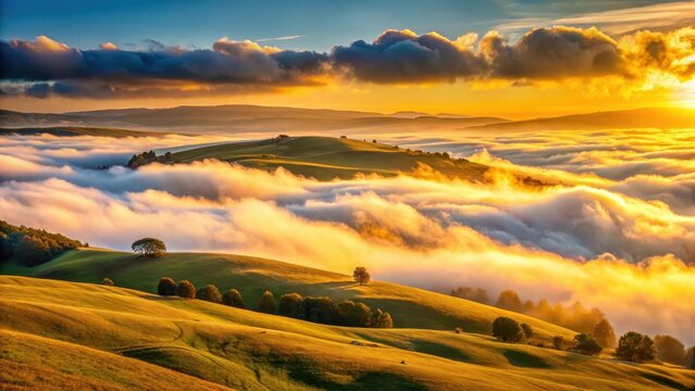 Softly glowing cumulus clouds float above the rolling hills at dawn, with warm golden light spreading across the landscape, natural beauty, morning dew