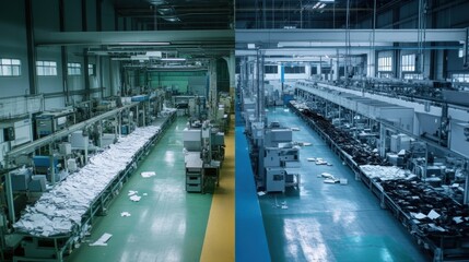 Industrial factory interior showcasing production lines and machinery, divided into two sections with contrasting colors.