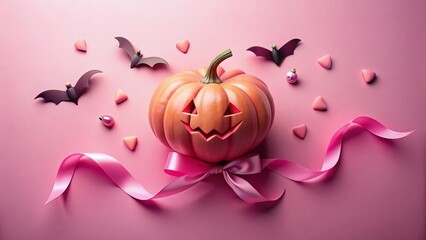 Obraz premium Pastel Pink Halloween Pumpkin Party: Aerial View of Spooky Festive Decoration