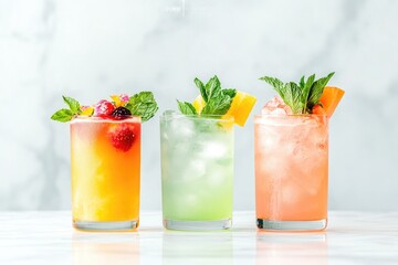 elegant arrangement of colorful cocktails garnished with fresh fruits mint and edible flowers all set on sleek white