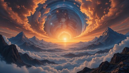 Majestic sunrise over mountain peaks natural landscape artistic view serene environment celestial phenomenon