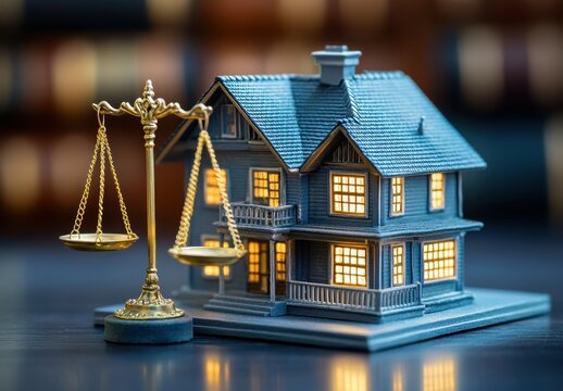 Miniature house model alongside a classic balance scale symbolizing the legal aspects of real estate and the housing market in a creative composition