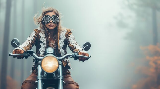 A wild and free motorcyclist in a lace-trimmed jacket, suede chaps, and vintage goggles, riding through a foggy forest