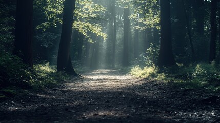 Obraz premium shadowy forest trail where the sunlight barely touches the ground, creating an atmosphere of mystery.