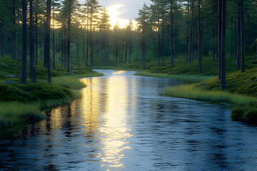 Obraz premium Forest River Sunset Landscape