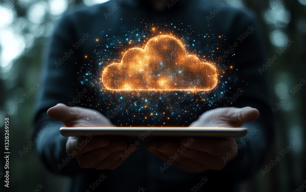 Aufkleber 3d cloud computing hologram on tablet in businessman s hands, blurry bokeh background, database and 