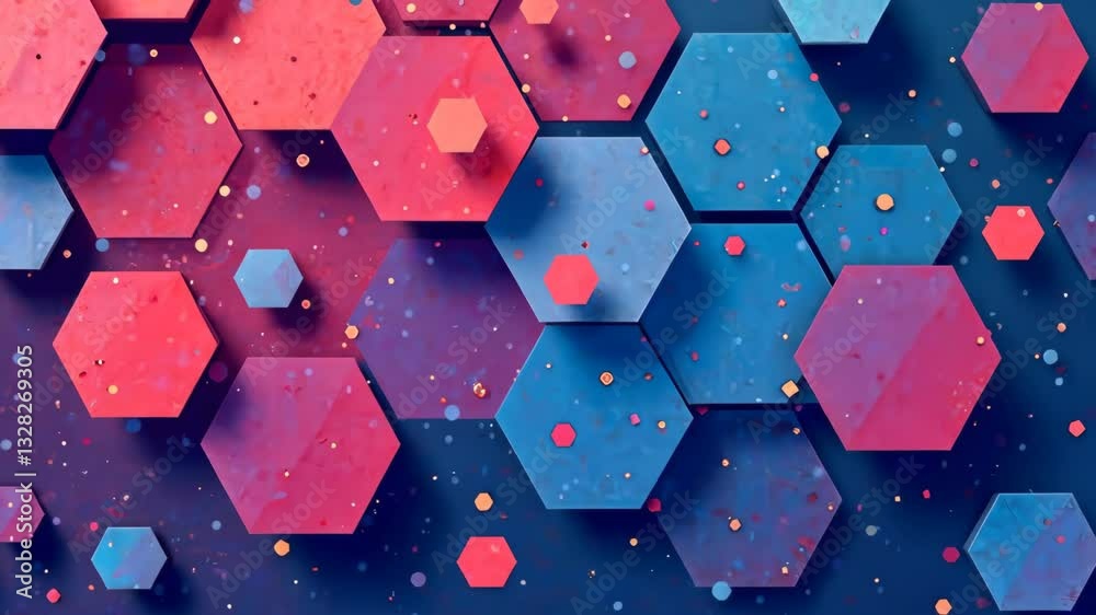 Poster a close up of a blue and red hexagon. the blue hexagon is surrounded by red hexagons