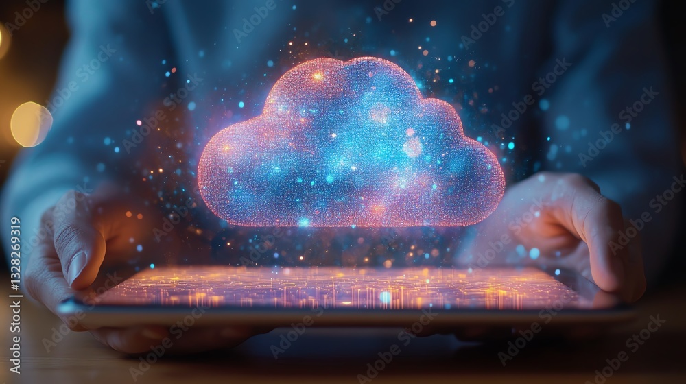 Poster 3D cloud computing hologram on tablet in businessman s hands, blurry bokeh background, database and storage concept, double exposure style