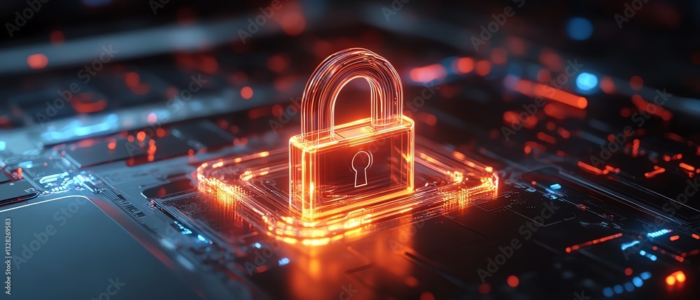 Poster 3D rendering of digital padlock hologram on top of a laptop, symbolizing data protection and cybersecurity on a desk