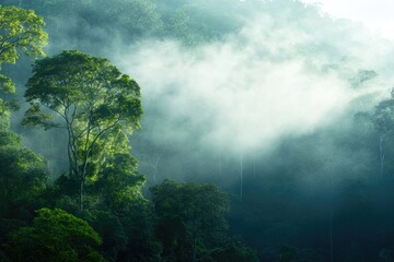 Obraz premium misty morning view of dense forest landscape in national park showcasing towering trees in foreground and soft diffused