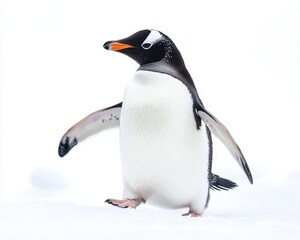 Obraz premium A charming penguin standing alone on the snowy landscape under the bright clear sky of winter